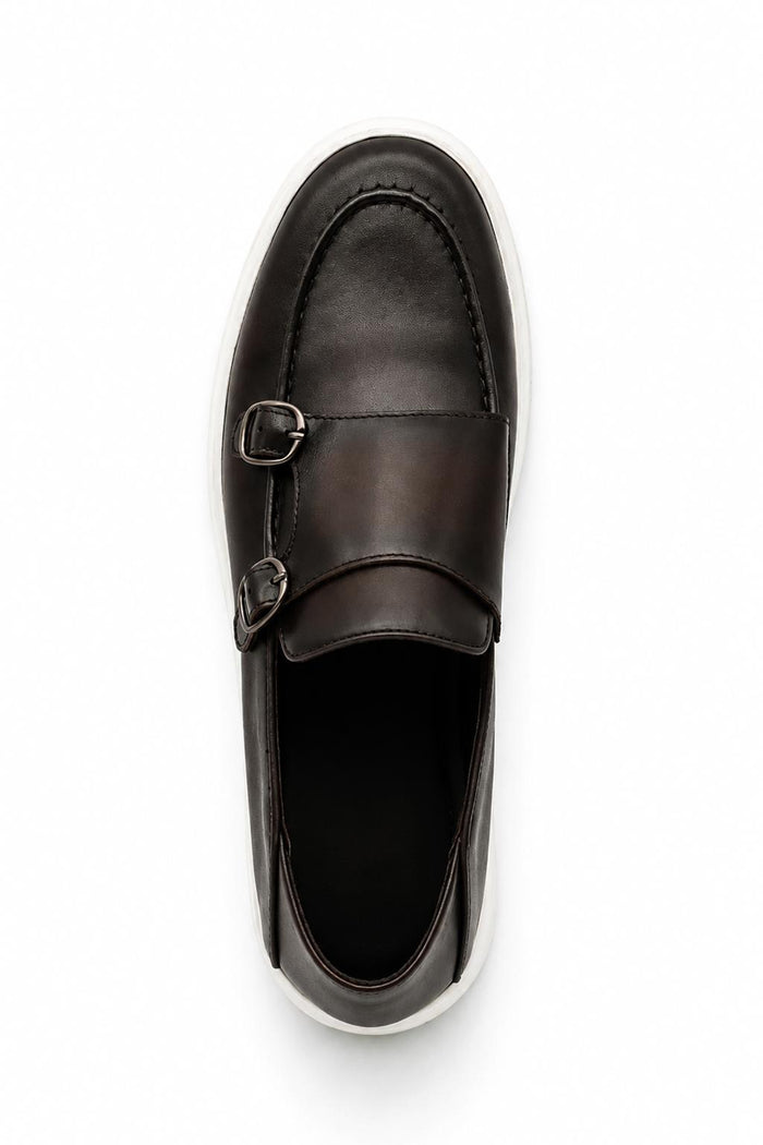 Men's Brown Real Leather Double Monk Strap Trainers White Sole