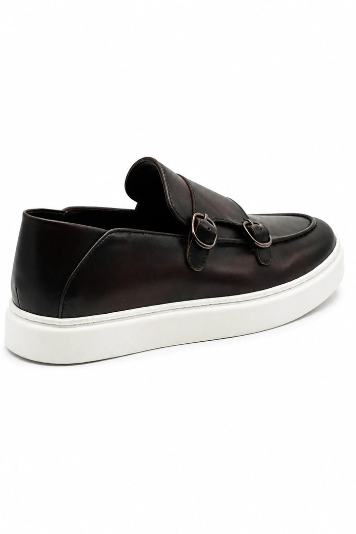 Men's Brown Real Leather Double Monk Strap Trainers White Sole