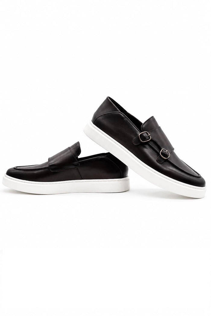 Men's Brown Real Leather Double Monk Strap Trainers White Sole
