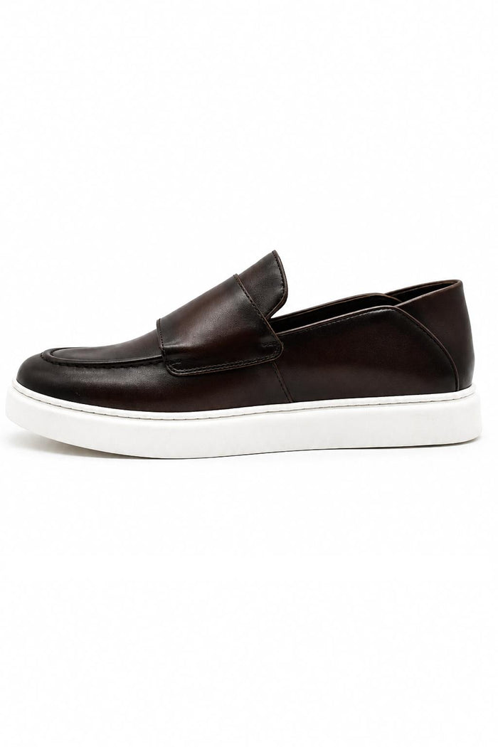 Men's Brown Real Leather Double Monk Strap Trainers White Sole