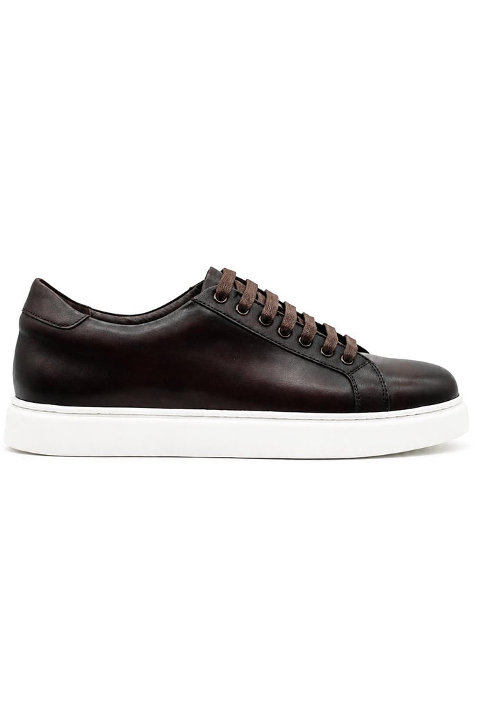Men's Brown Real Leather Lace-Up Trainers White Sole