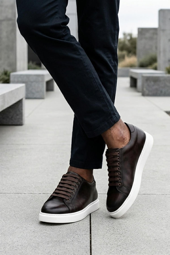 Men's Brown Real Leather Lace-Up Trainers White Sole