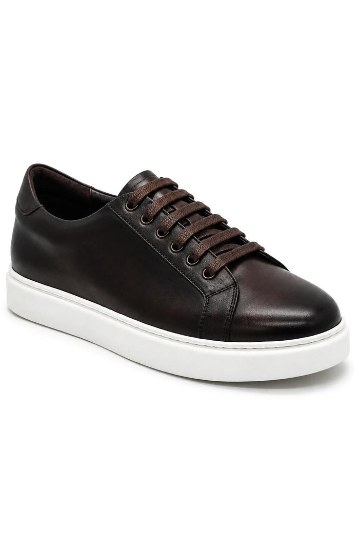 Men's Brown Real Leather Lace-Up Trainers White Sole
