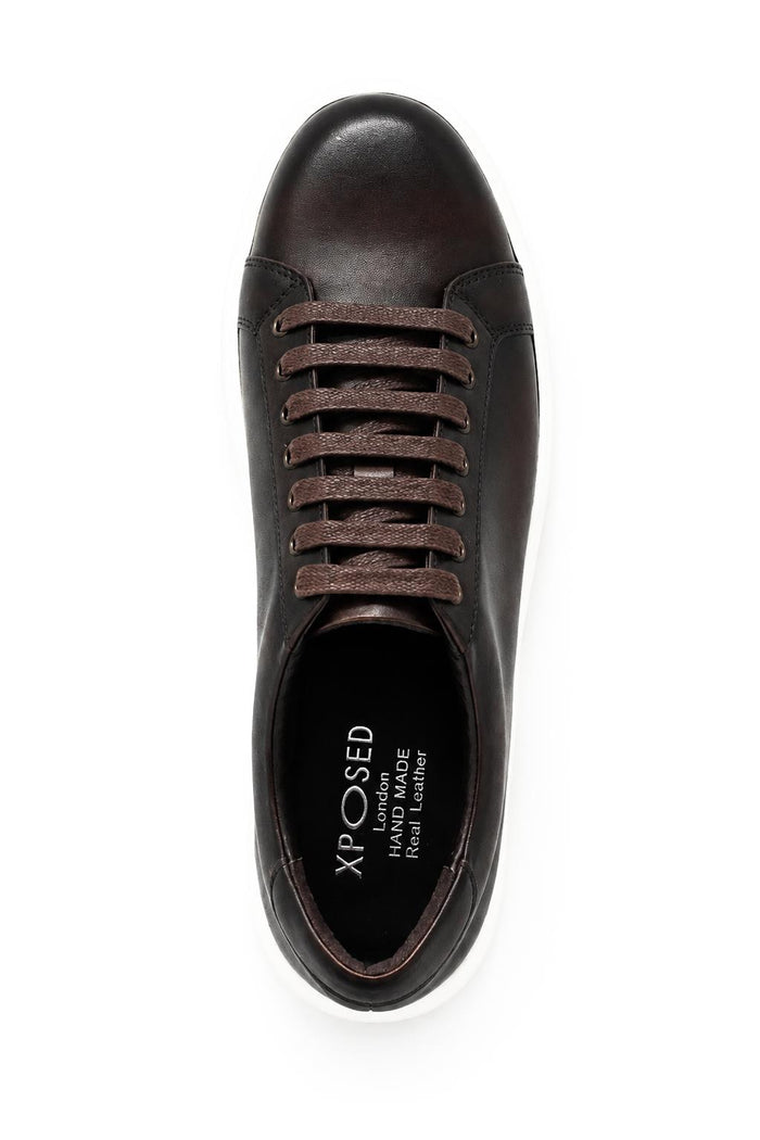 Men's Brown Real Leather Lace-Up Trainers White Sole