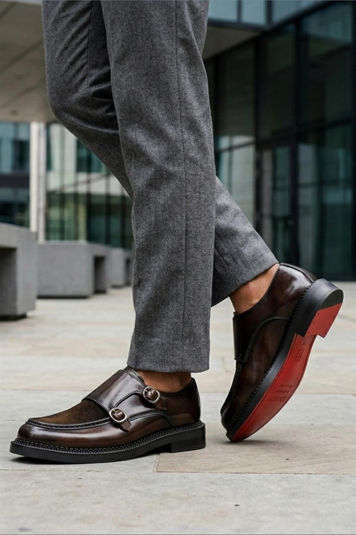 Men's Brown Real Leather & Suede Double Monk Strap Shoes