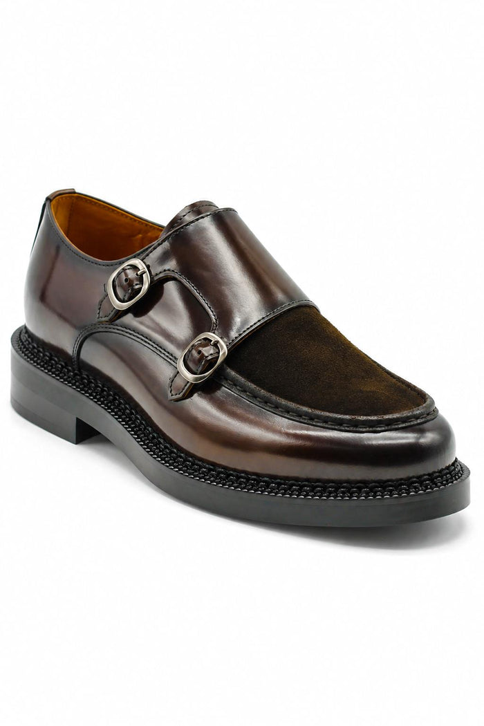 Men's Brown Real Leather & Suede Double Monk Strap Shoes