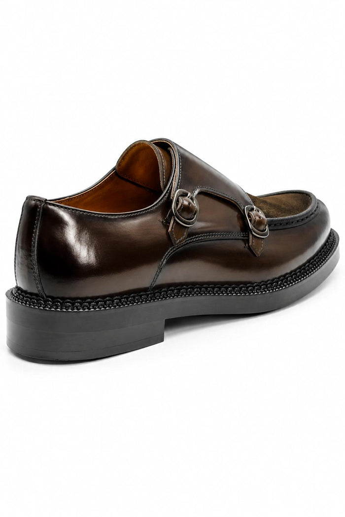 Men's Brown Real Leather & Suede Double Monk Strap Shoes