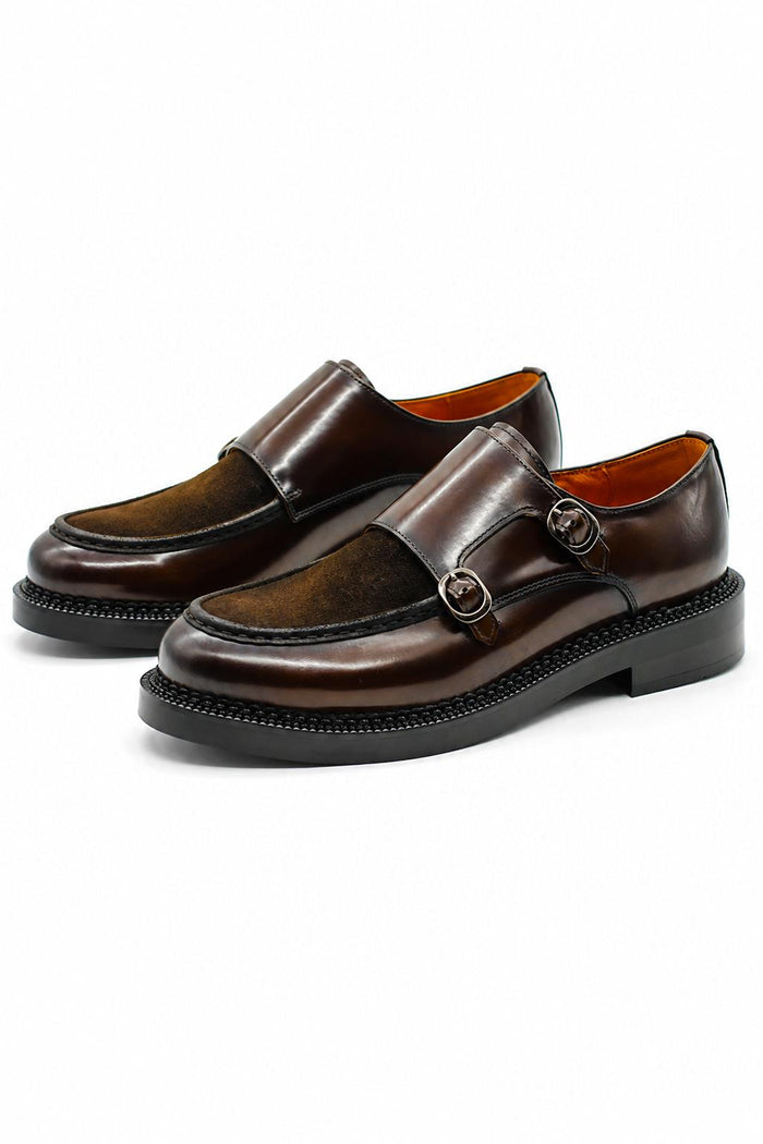Men's Brown Real Leather & Suede Double Monk Strap Shoes