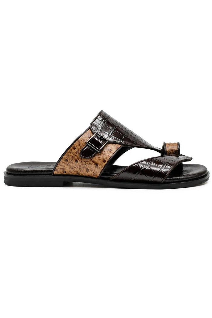 Men's Brown Two-Tone Handmade Real Leather Croc Embossed Sandals