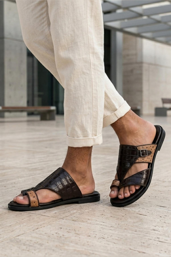 Men's Brown Two-Tone Handmade Real Leather Croc Embossed Sandals