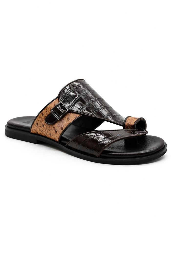 Men's Brown Two-Tone Handmade Real Leather Croc Embossed Sandals