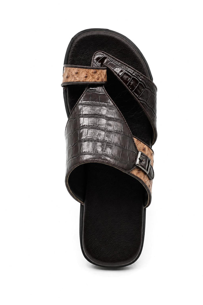 Men's Brown Two-Tone Handmade Real Leather Croc Embossed Sandals