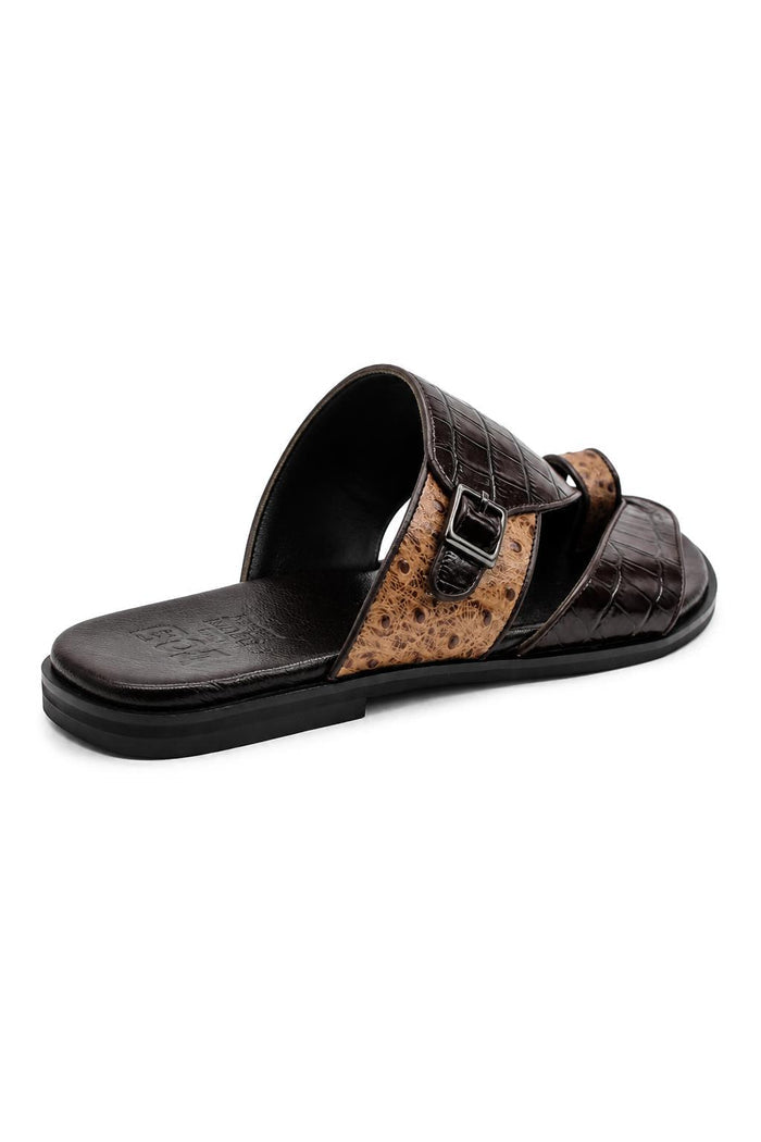 Men's Brown Two-Tone Handmade Real Leather Croc Embossed Sandals