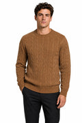 Men's Camel 100% Cotton Fine Cable Knit Crew Neck Jumper