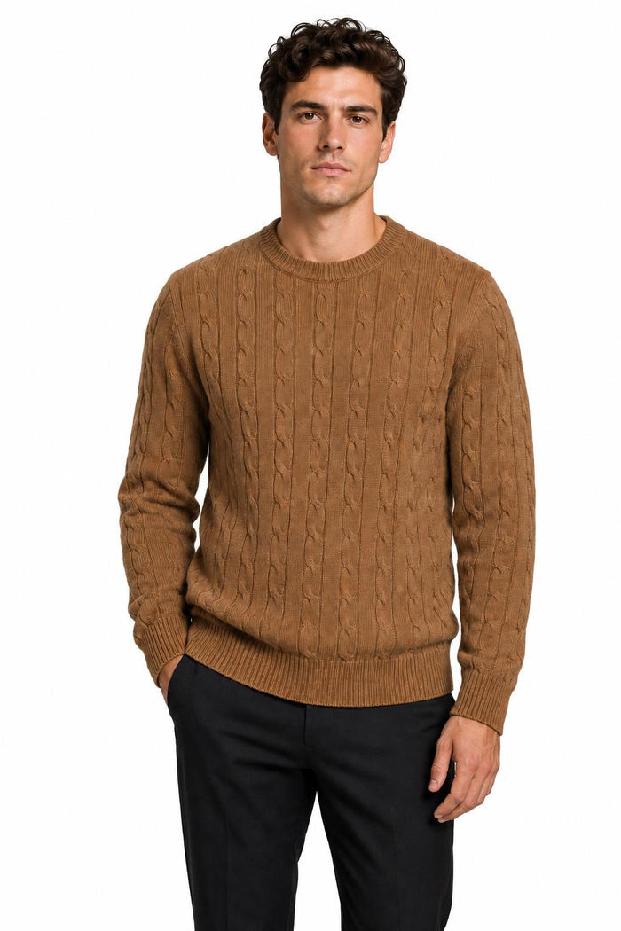 Men's Camel 100% Cotton Fine Cable Knit Crew Neck Jumper