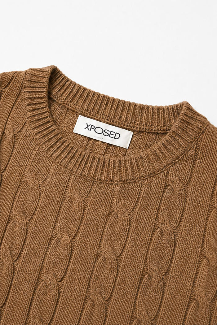 Men's Camel 100% Cotton Fine Cable Knit Crew Neck Jumper