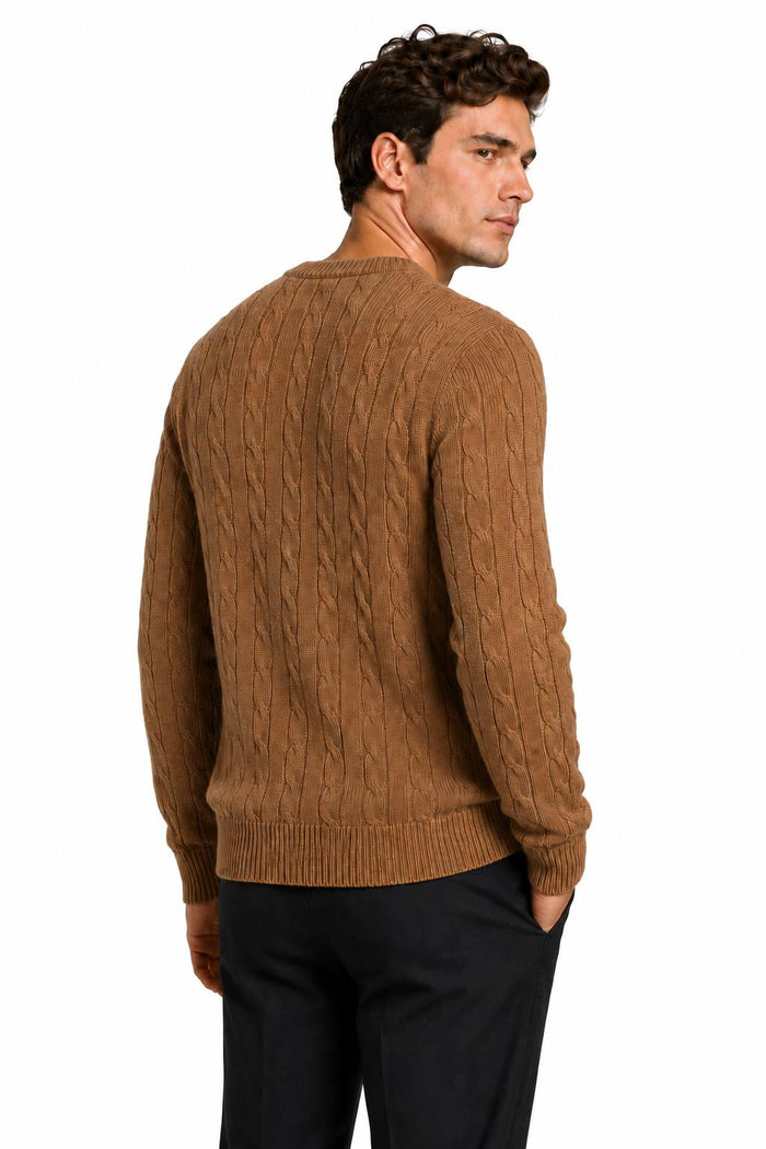Men's Camel 100% Cotton Fine Cable Knit Crew Neck Jumper