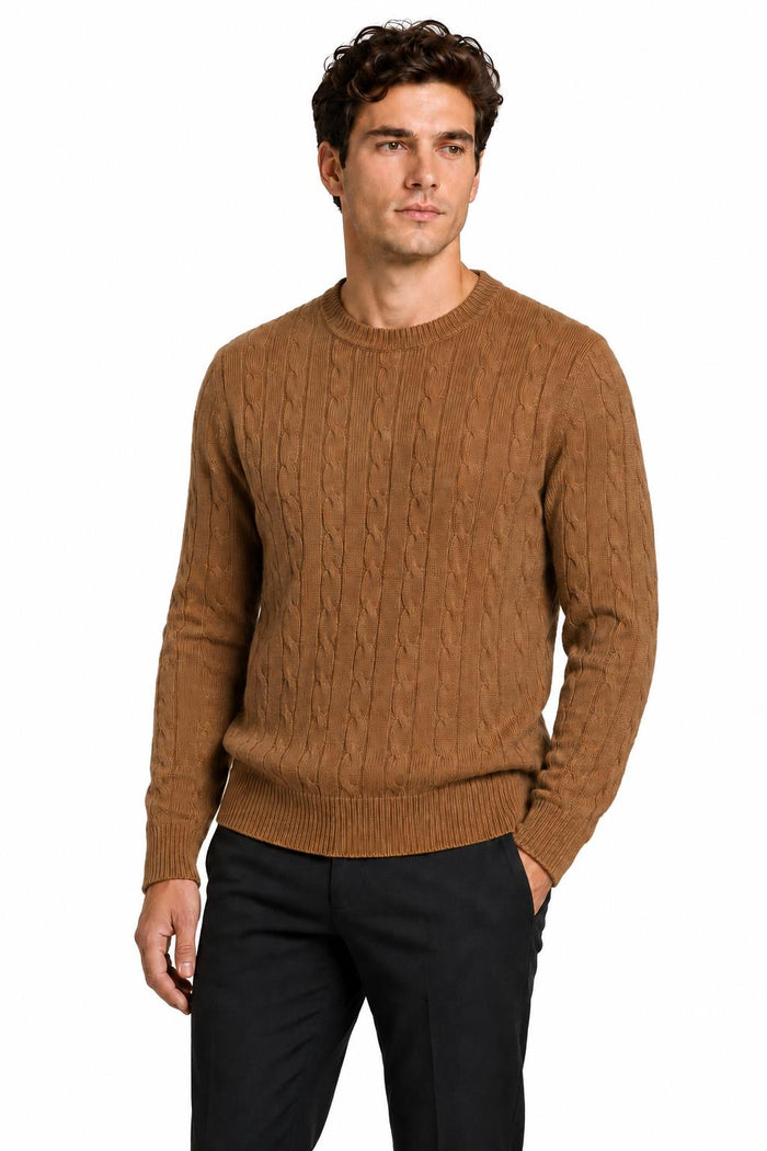 Men's Camel 100% Cotton Fine Cable Knit Crew Neck Jumper