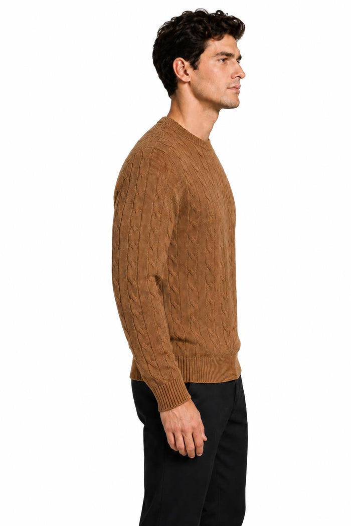 Men's Camel 100% Cotton Fine Cable Knit Crew Neck Jumper