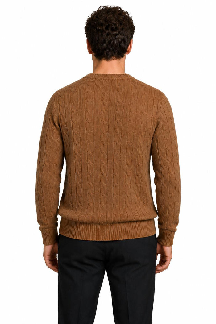 Men's Camel 100% Cotton Fine Cable Knit Crew Neck Jumper