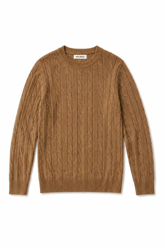 Men's Camel 100% Cotton Fine Cable Knit Crew Neck Jumper
