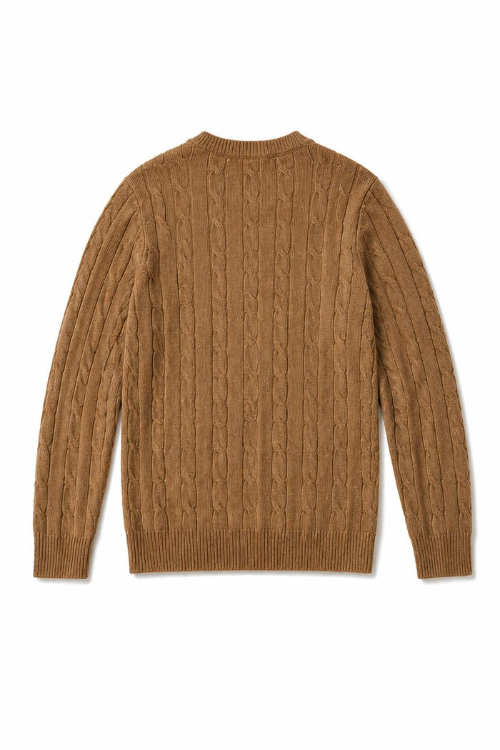 Men's Camel 100% Cotton Fine Cable Knit Crew Neck Jumper
