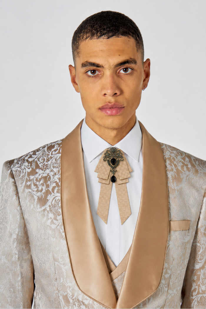 Men’s Champagne Gold Jeweled Short Ribbon Brooch Bow Tie