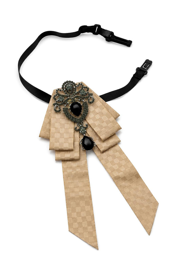 Men’s Champagne Gold Jeweled Short Ribbon Brooch Bow Tie