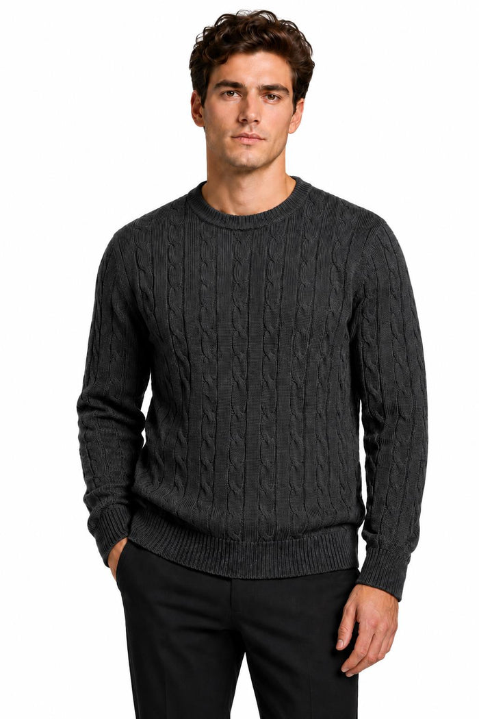 Men's Charcoal Grey 100% Cotton Fine Cable Knit Crew Neck Jumper