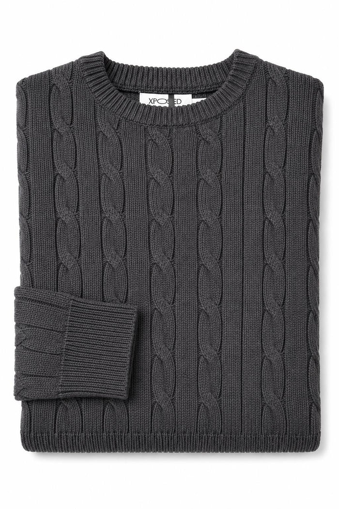 Men's Charcoal Grey 100% Cotton Fine Cable Knit Crew Neck Jumper