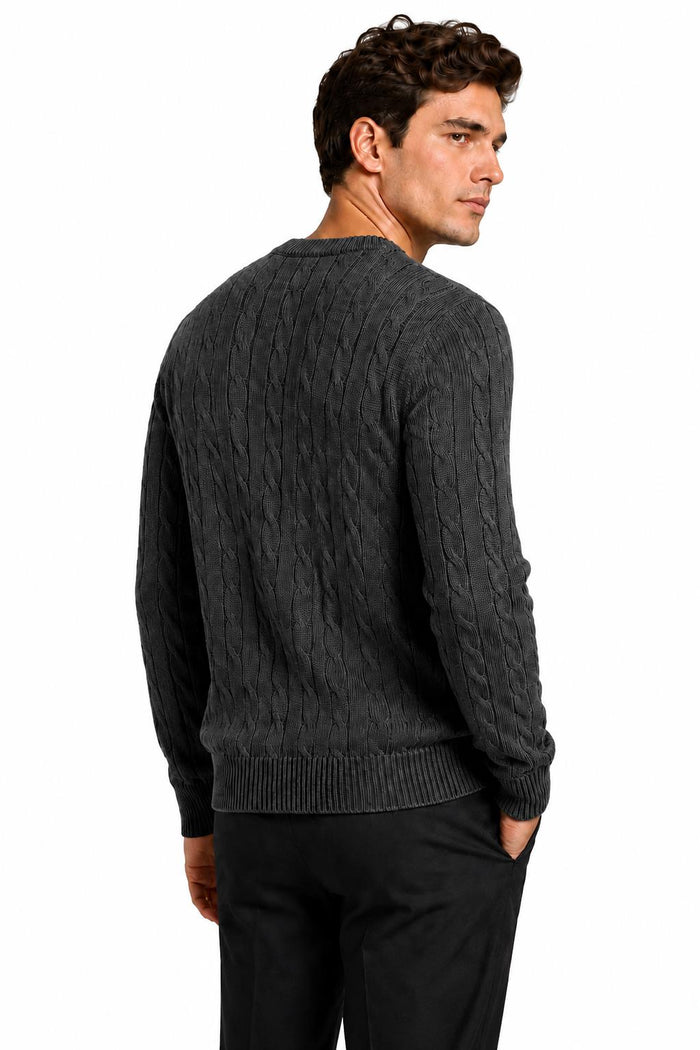 Men's Charcoal Grey 100% Cotton Fine Cable Knit Crew Neck Jumper