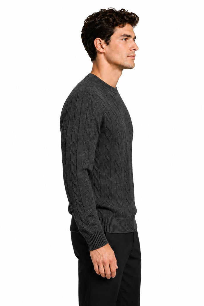 Men's Charcoal Grey 100% Cotton Fine Cable Knit Crew Neck Jumper