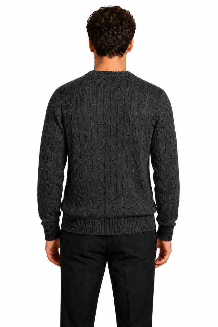 Men's Charcoal Grey 100% Cotton Fine Cable Knit Crew Neck Jumper