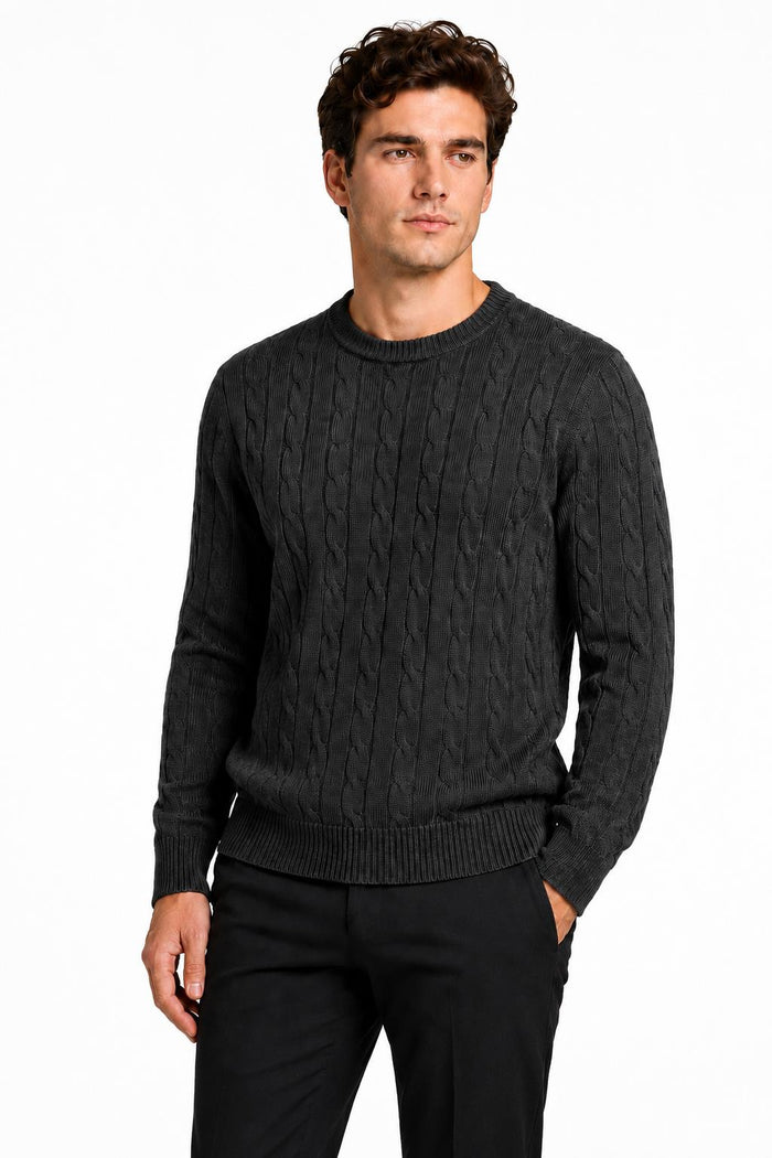 Men's Charcoal Grey 100% Cotton Fine Cable Knit Crew Neck Jumper