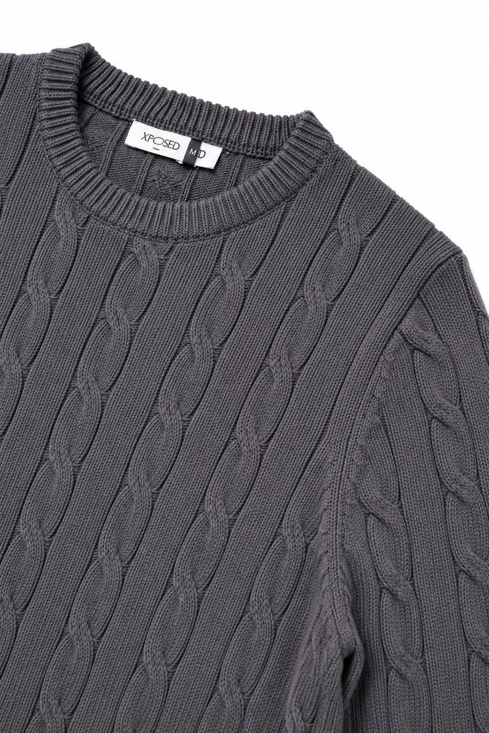 Men's Charcoal Grey 100% Cotton Fine Cable Knit Crew Neck Jumper