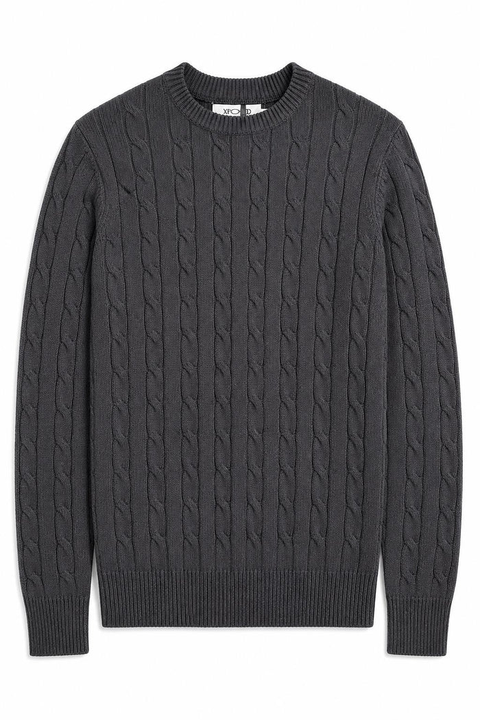 Men's Charcoal Grey 100% Cotton Fine Cable Knit Crew Neck Jumper