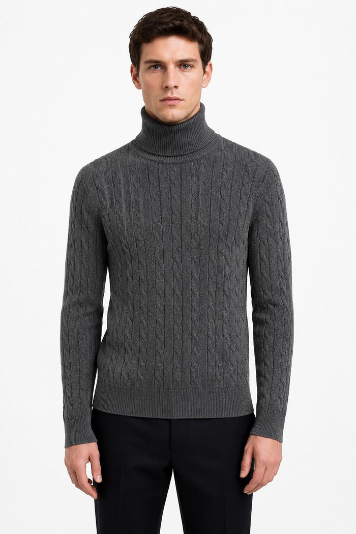 Men's Charcoal Grey 100% Cotton Fine Cable Knit Roll Neck Jumper