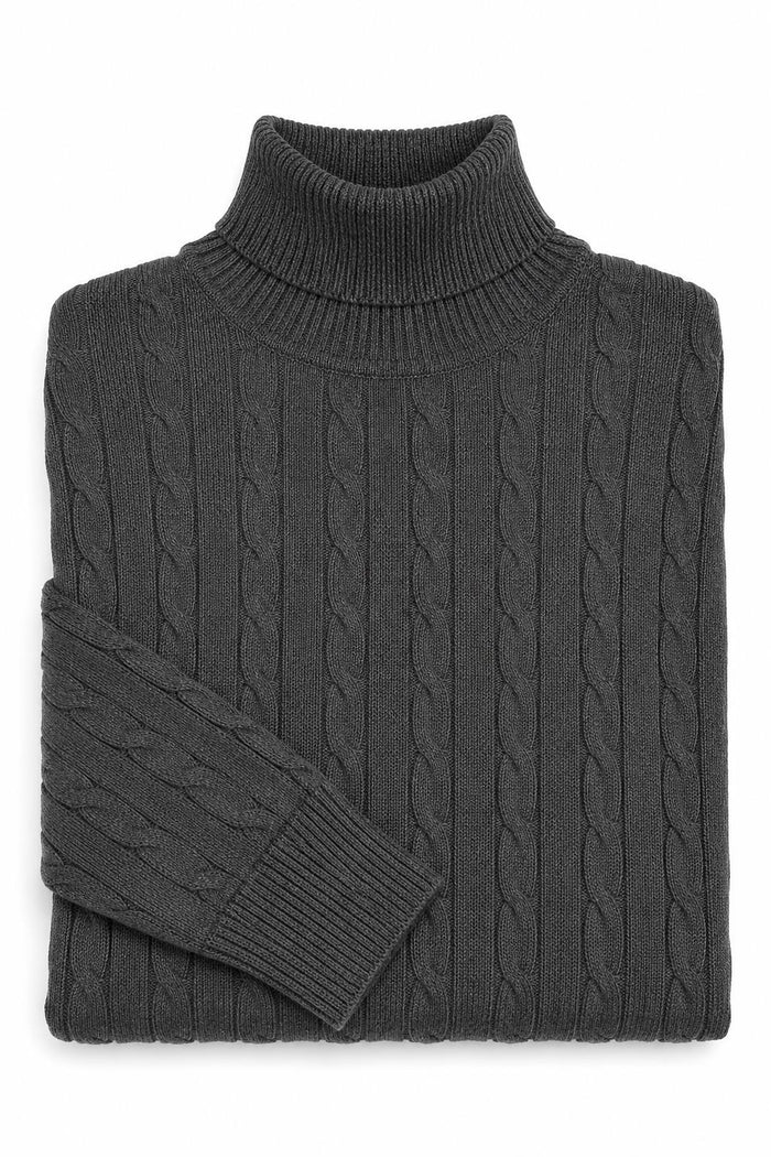 Men's Charcoal Grey 100% Cotton Fine Cable Knit Roll Neck Jumper