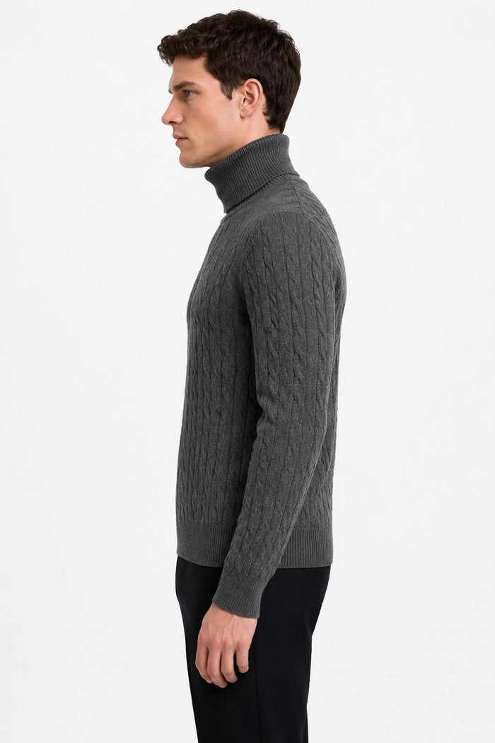 Men's Charcoal Grey 100% Cotton Fine Cable Knit Roll Neck Jumper