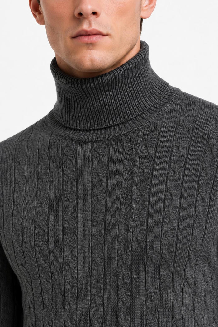 Men's Charcoal Grey 100% Cotton Fine Cable Knit Roll Neck Jumper