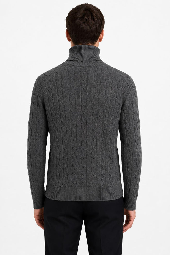 Men's Charcoal Grey 100% Cotton Fine Cable Knit Roll Neck Jumper