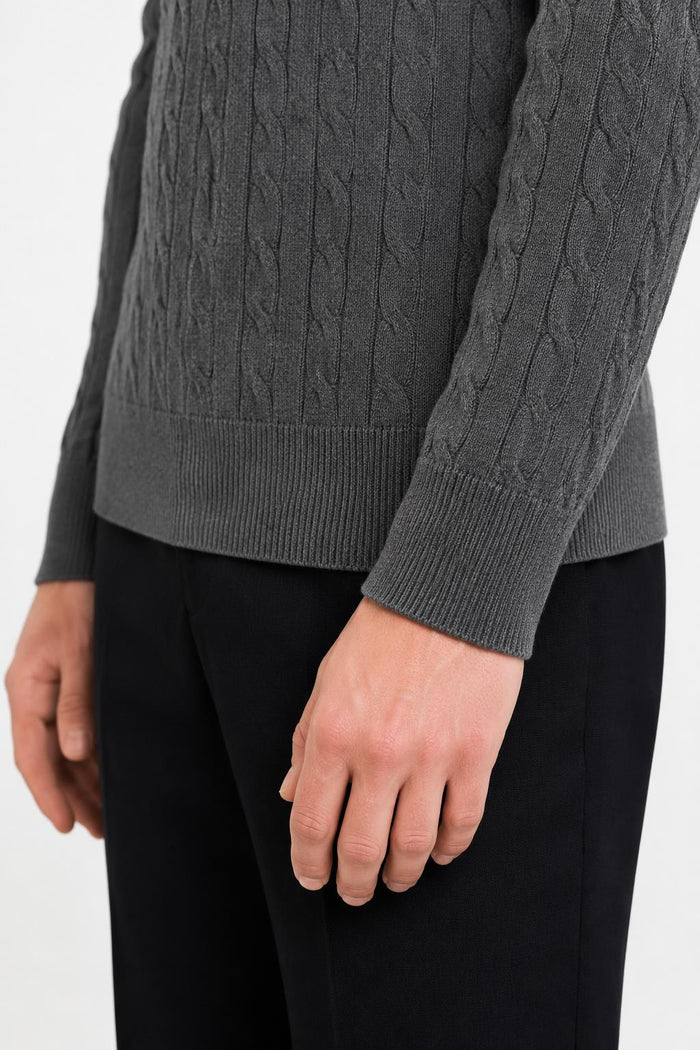 Men's Charcoal Grey 100% Cotton Fine Cable Knit Roll Neck Jumper
