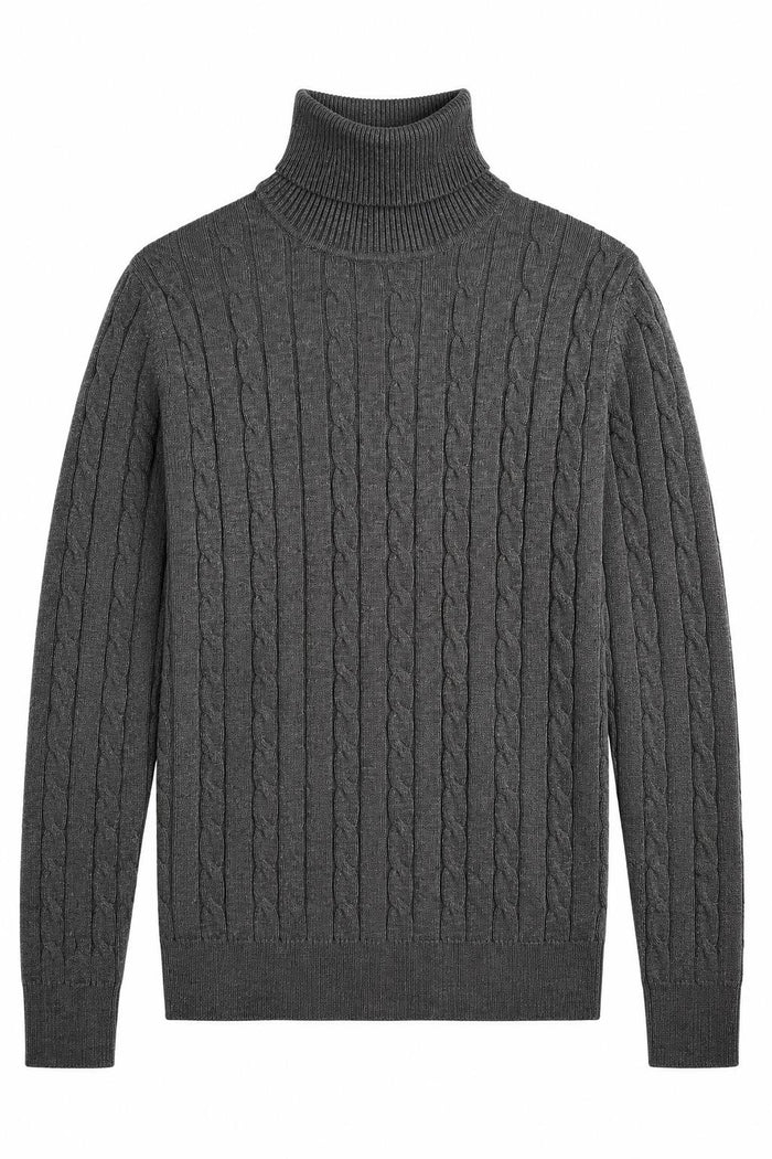 Men's Charcoal Grey 100% Cotton Fine Cable Knit Roll Neck Jumper