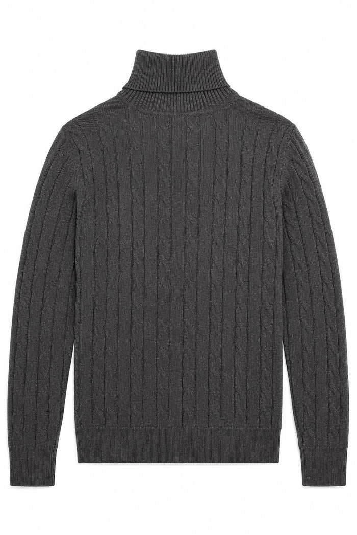 Men's Charcoal Grey 100% Cotton Fine Cable Knit Roll Neck Jumper