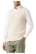 Mens Classic Knitted Sleeveless V Neck Beige Jumper