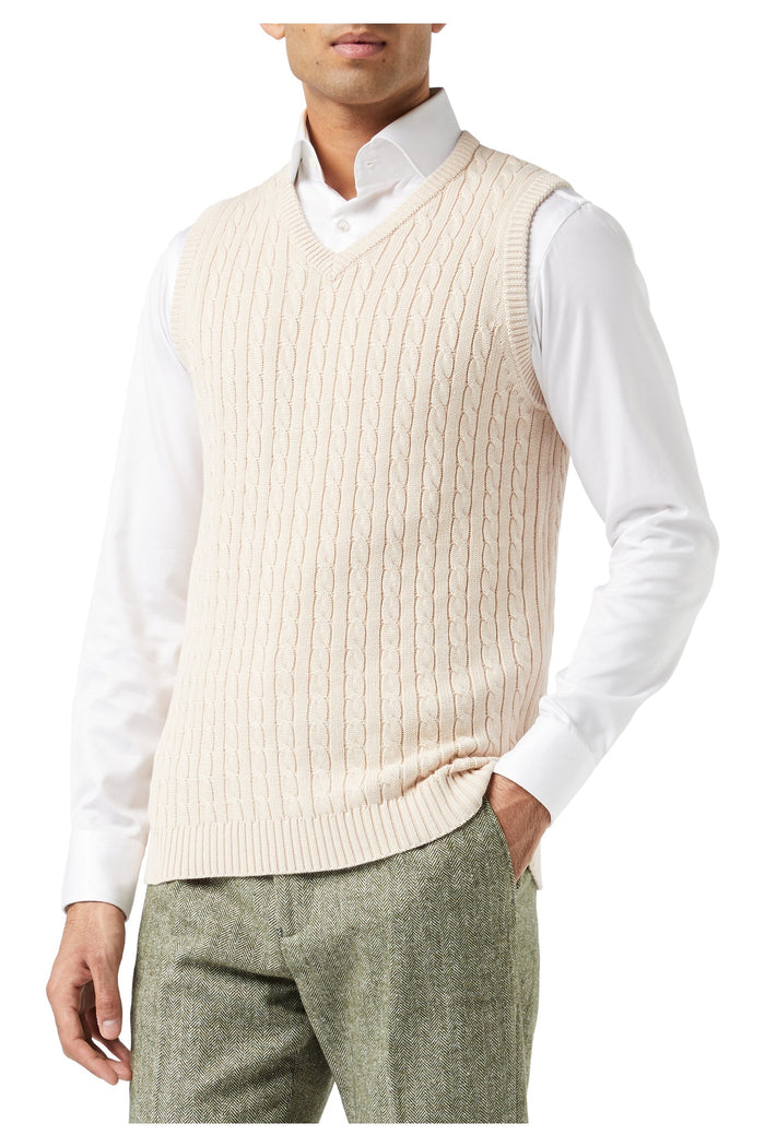 Mens Classic Knitted Sleeveless V Neck Beige Jumper