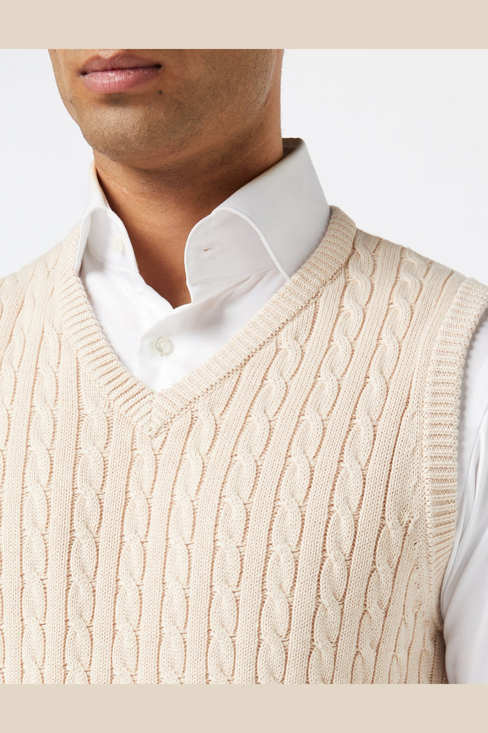Mens Classic Knitted Sleeveless V Neck Beige Jumper