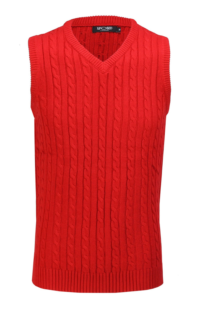 Mens Classic Knitted Sleeveless V Neck Red Jumper