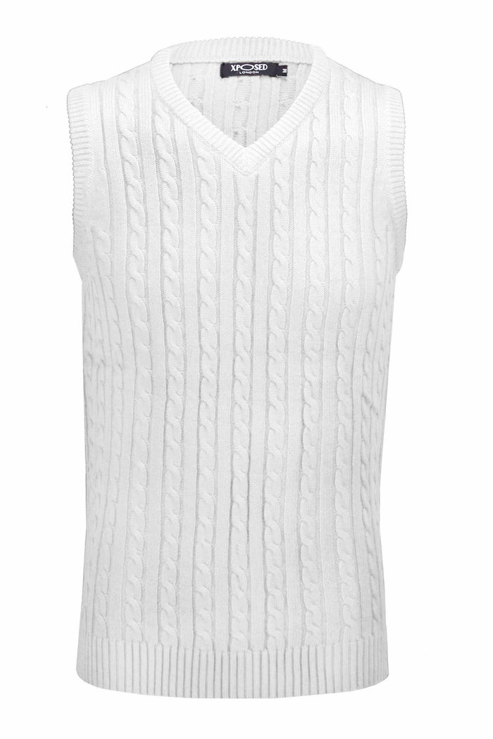 Mens Classic Knitted Sleeveless V Neck White Jumper
