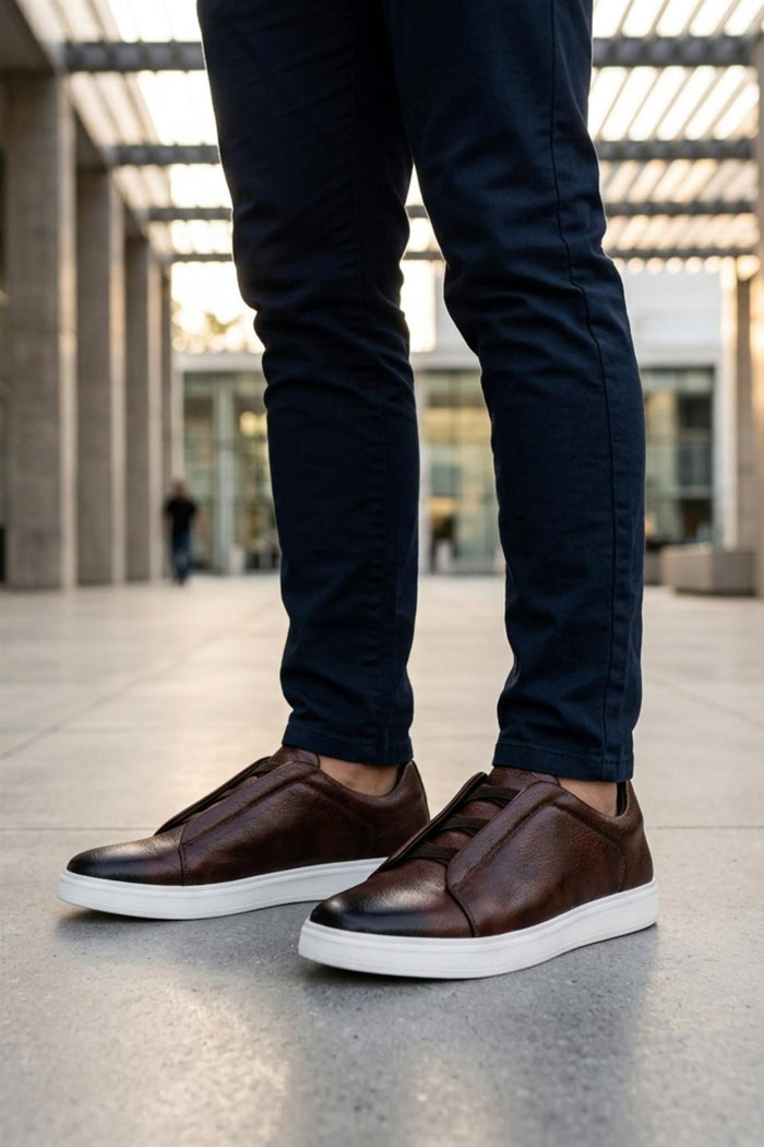 Men’s Coffee Brown Faux Leather Slip-On Trainers